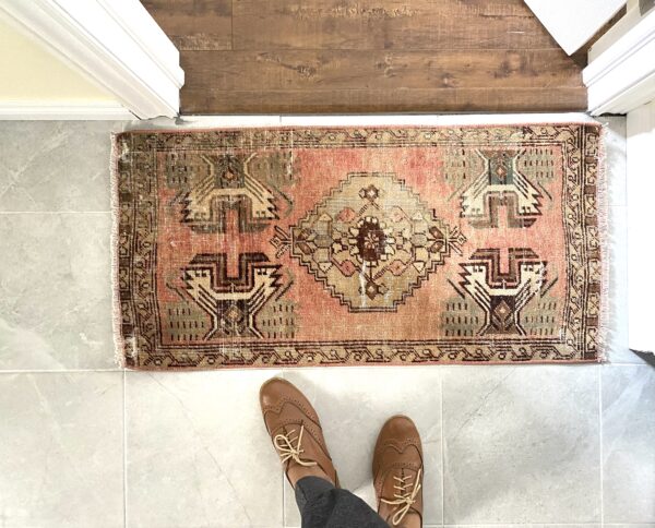 Vintage turkish wool rug, bath rug, door mat 3 * 1.6 feet - Image 2