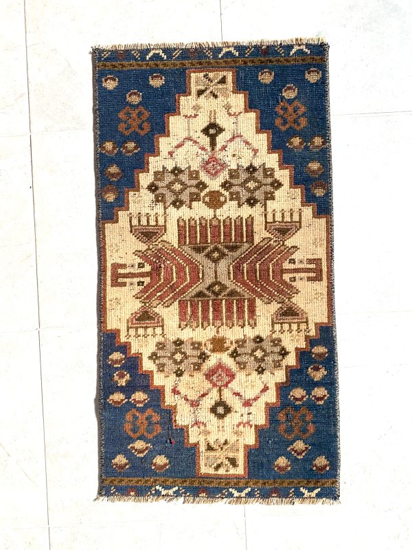 Vintage Turkish Mini Rug, Tribal Pattern Door Mat, Blue Rug