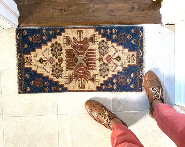 Vintage Turkish Mini Rug, Tribal Pattern Door Mat, Blue Rug - Image 3
