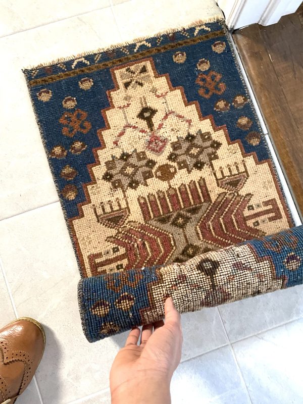 Vintage Turkish Mini Rug, Tribal Pattern Door Mat, Blue Rug - Image 4